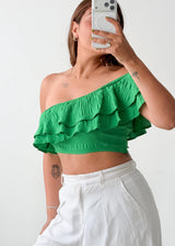 Size S Green Off-Shoulder Ruffle Crop Top