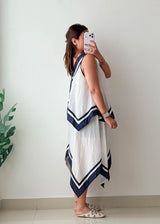 Size M-L White & Navy Asymmetrical Midi Dress