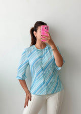 Size S-M Sky Blue Striped Tie-Neck Blouse