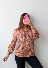 Size XS-S Beige Floral Tie-Neck Blouse