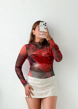 Size S-M Red Abstract Mesh Top