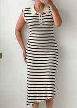 Size S-M Black & White Striped Polo Midi Dress