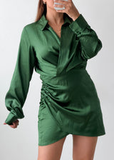 Size M Green Satin Ruched Wrap Mini Dress