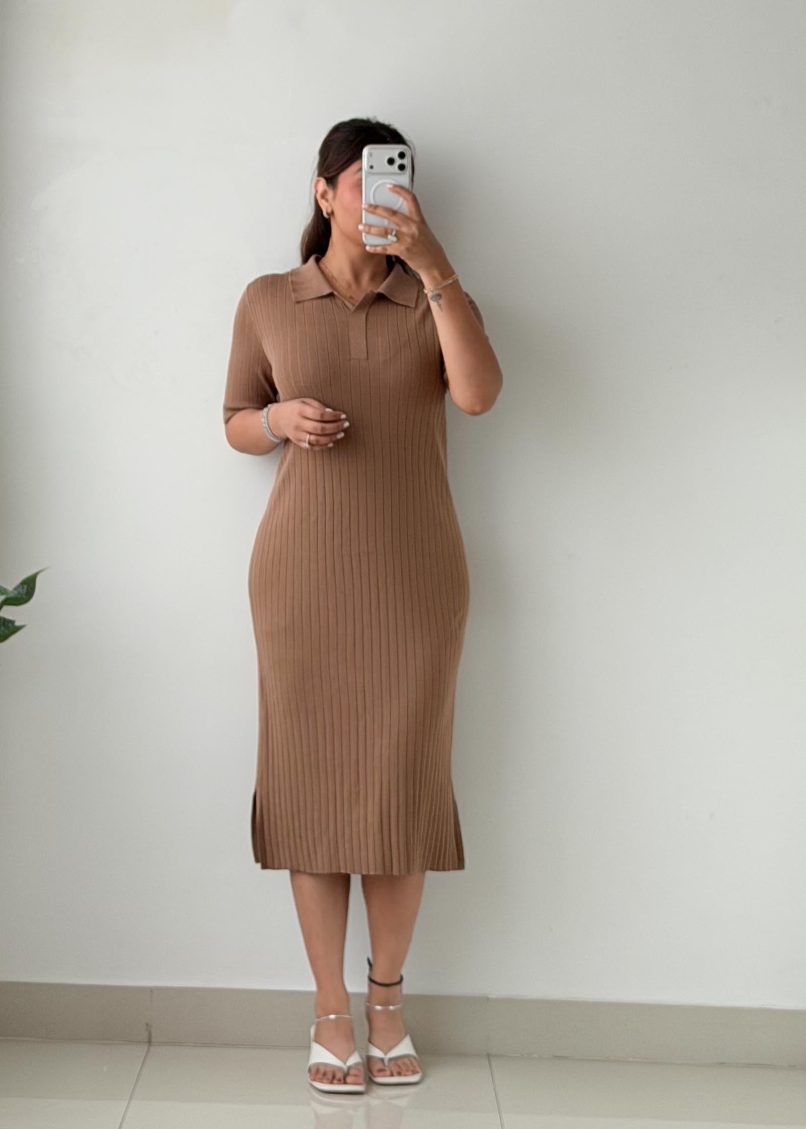 Size M-L Mocha Ribbed Polo Midi Dress
