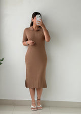 Size M-L Mocha Ribbed Polo Midi Dress