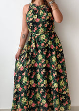 Size M-L Black Floral Halter Maxi Dress