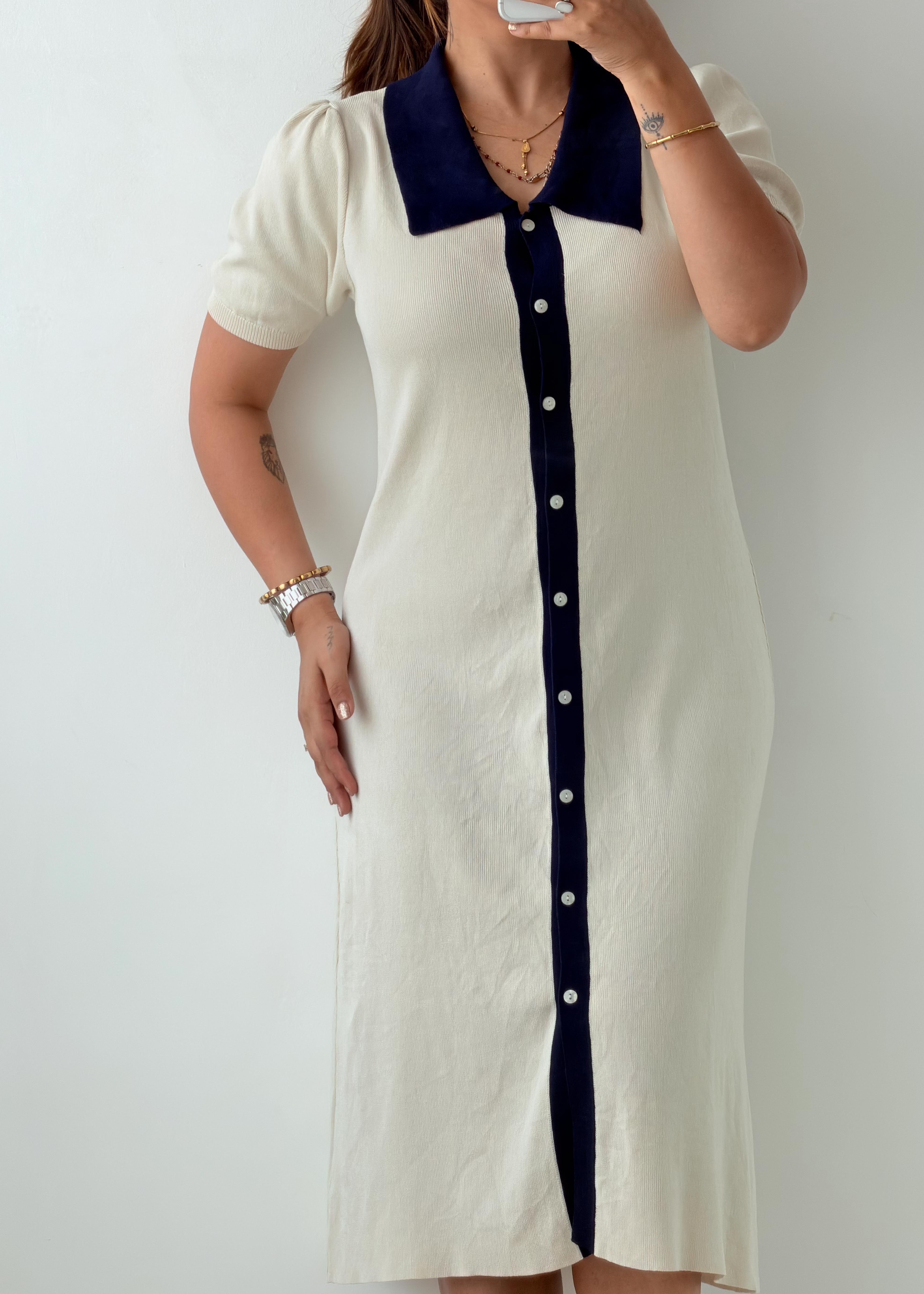 Size S-M & M-L Cream Contrast Collar Knit Midi Dress