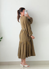 Size S-M Brown Check Tiered Midi Dress