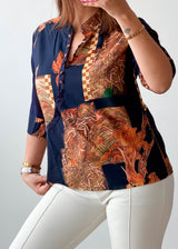 Size S-M Navy Patchwork Print Shirt Top