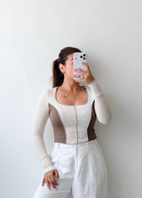 Size XS-S Beige Colorblock Long Sleeve Top