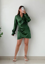 Size M Green Satin Ruched Wrap Mini Dress