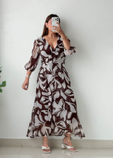 Size XS-S Brown Abstract Printed Wrap Dress