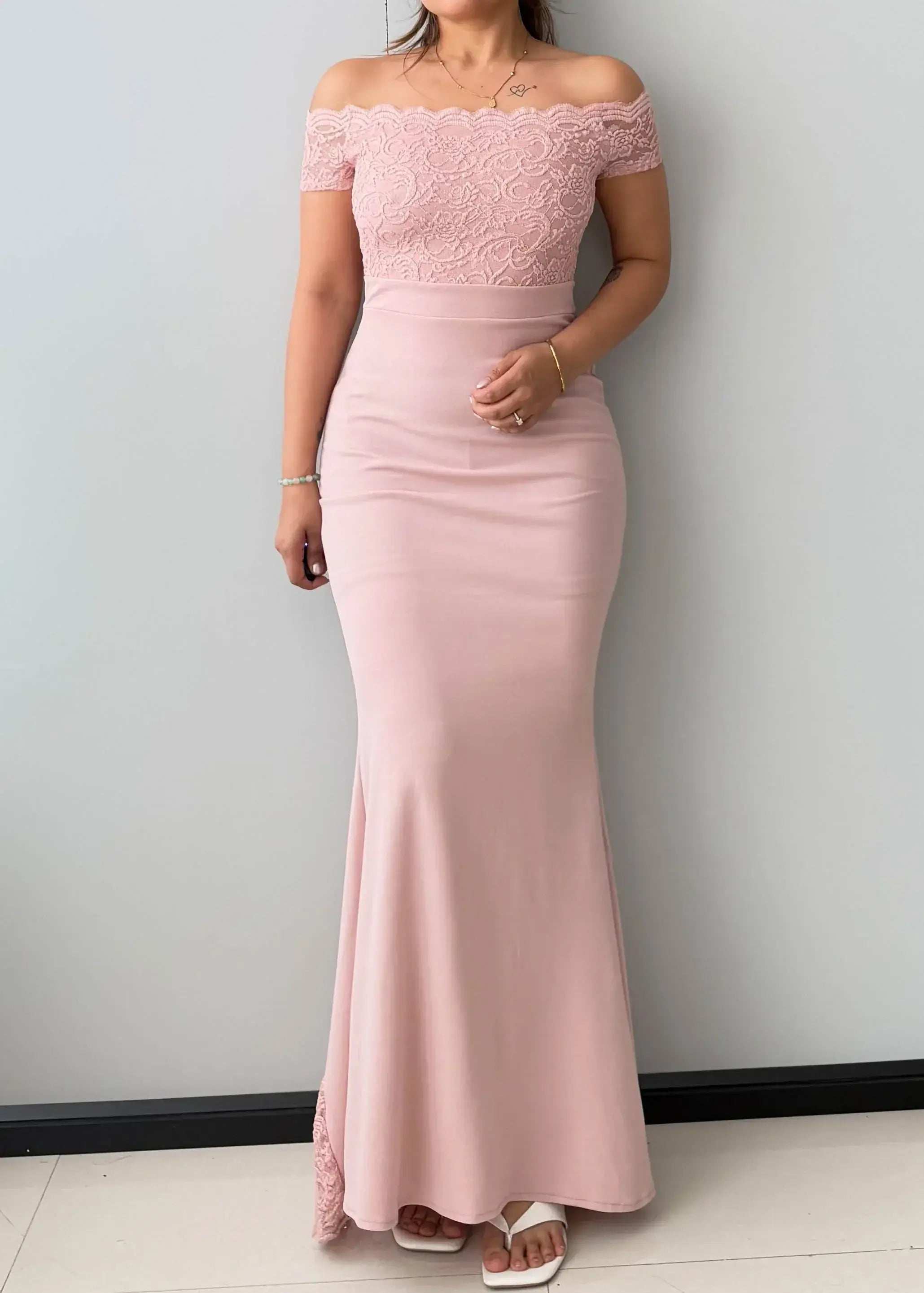 Size S-M, Blush Pink Off-Shoulder Lace Maxi Dress - Closet by Payal