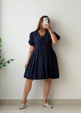 Size M-L Navy Tie-Neck Mini Dress