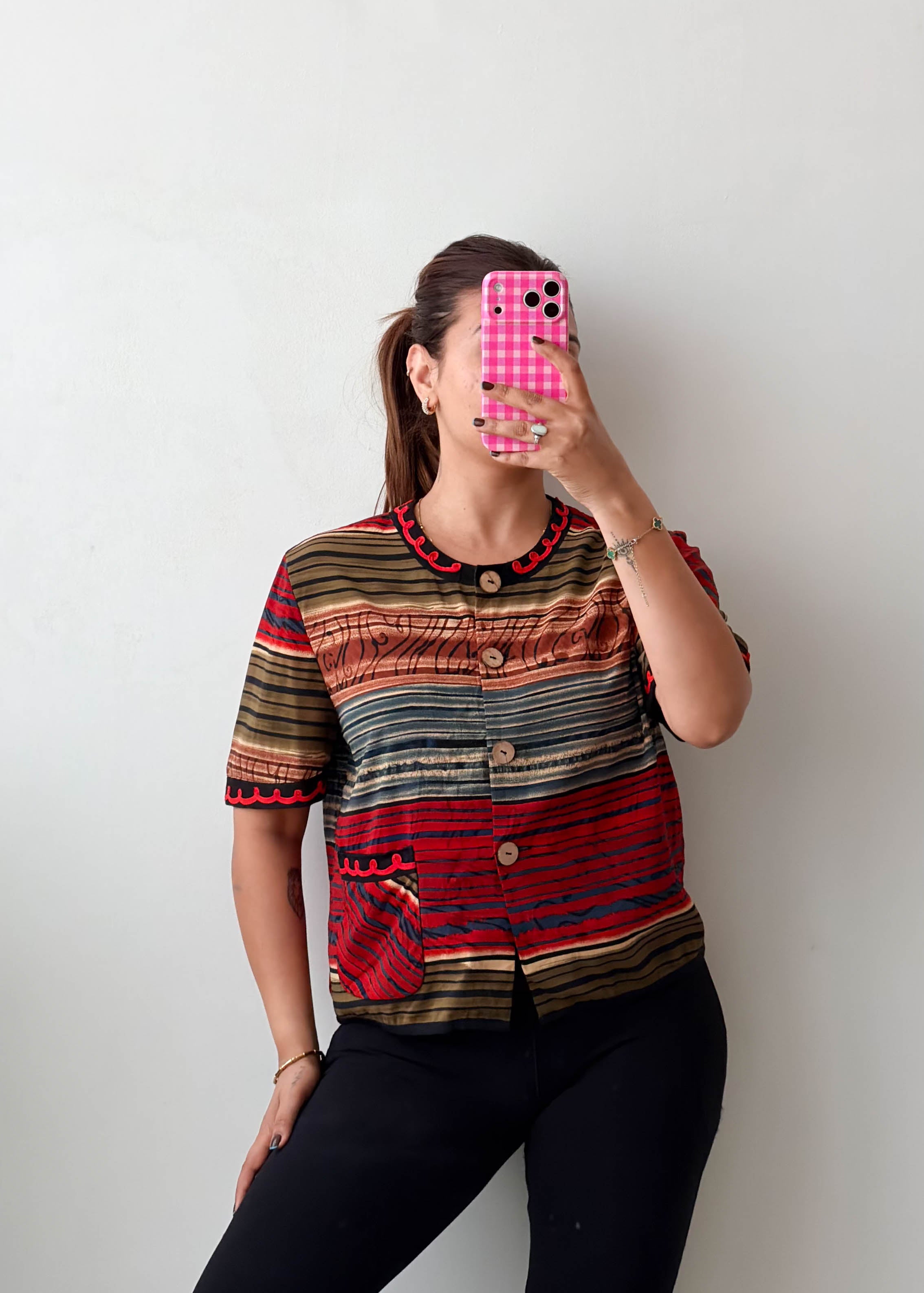 Size M Multicolor Striped Button Top