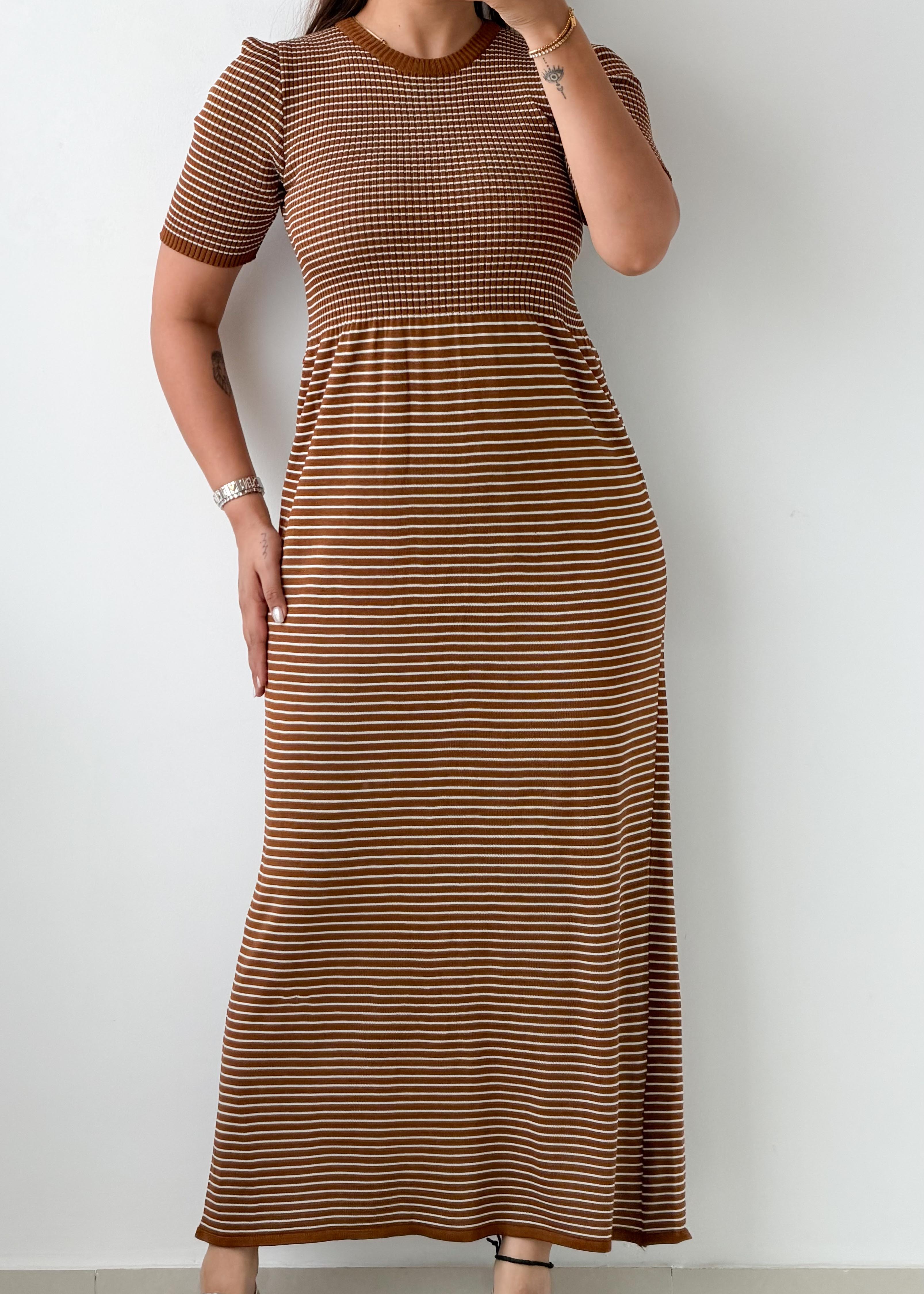 Size XS-S Brown Striped Bodycon Midi Dress