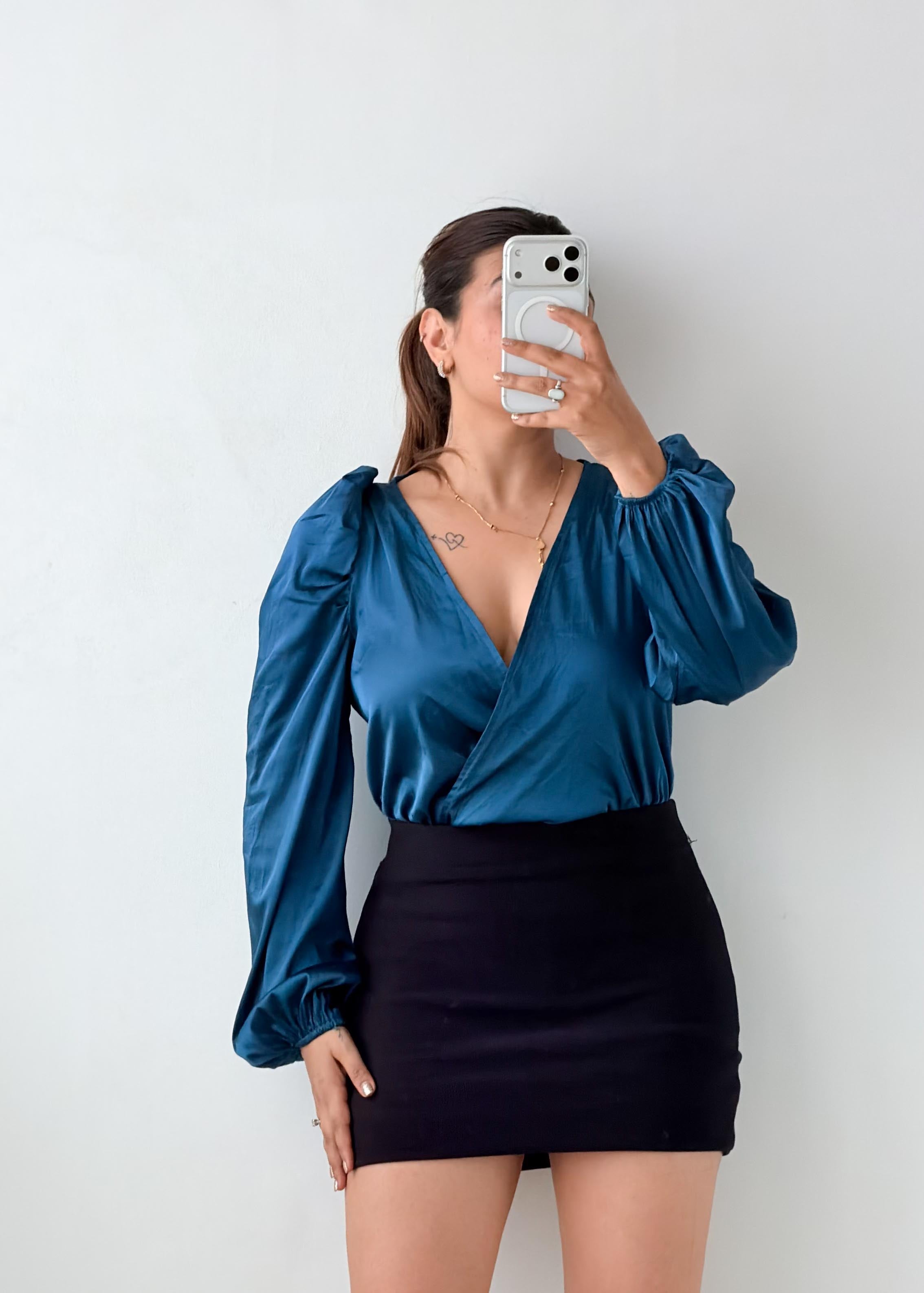 Size XS-S Teal Satin Puff Sleeve Bodysuit