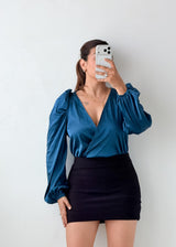 Size XS-S Teal Satin Puff Sleeve Bodysuit