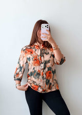 Size XS-S Beige Orange Abstract Tie-Neck Top