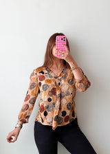 Size S-M Beige Abstract Circle Tie-Neck Blouse