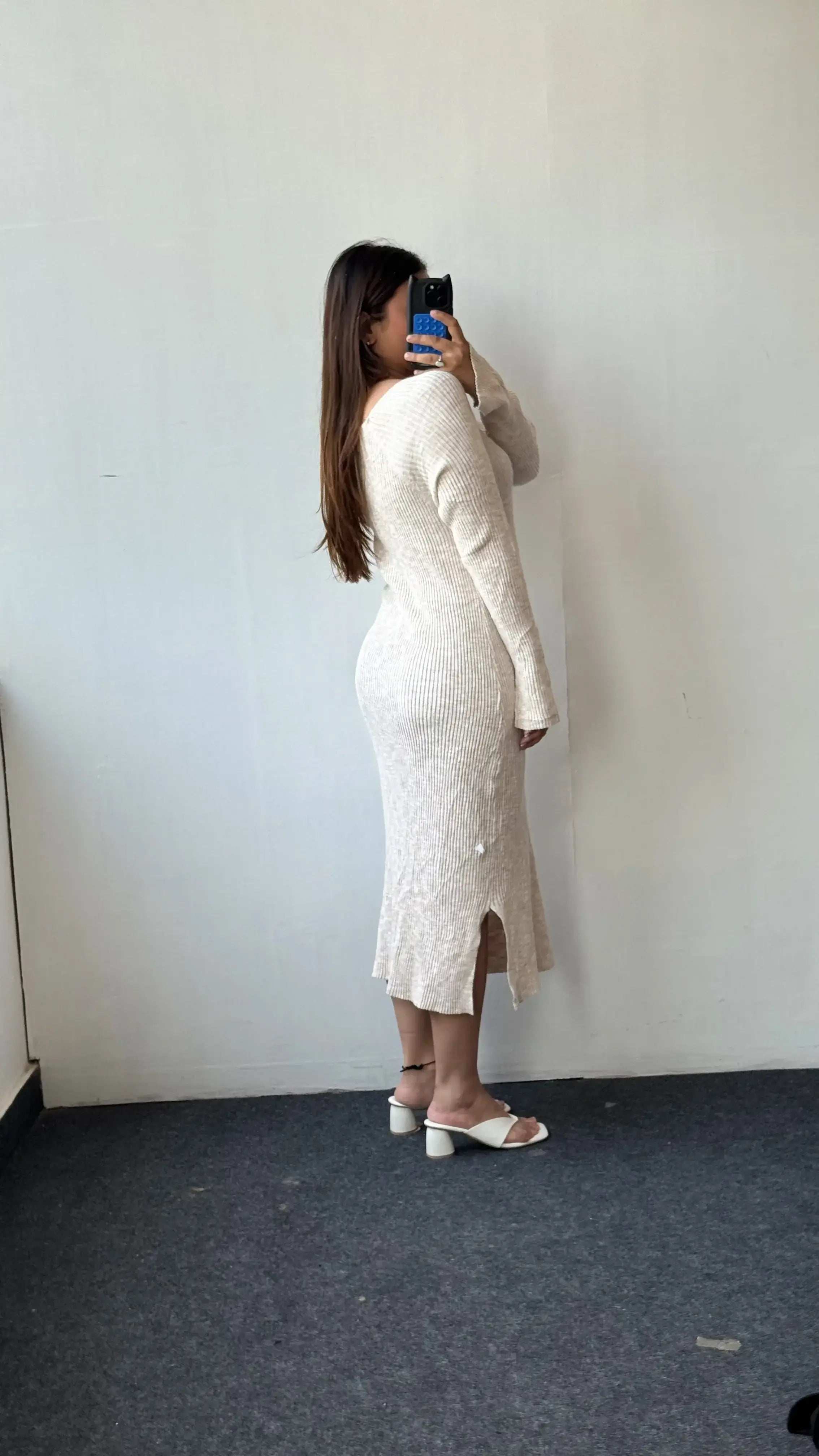 White Soft Knit Long Sleeve Midi Dress