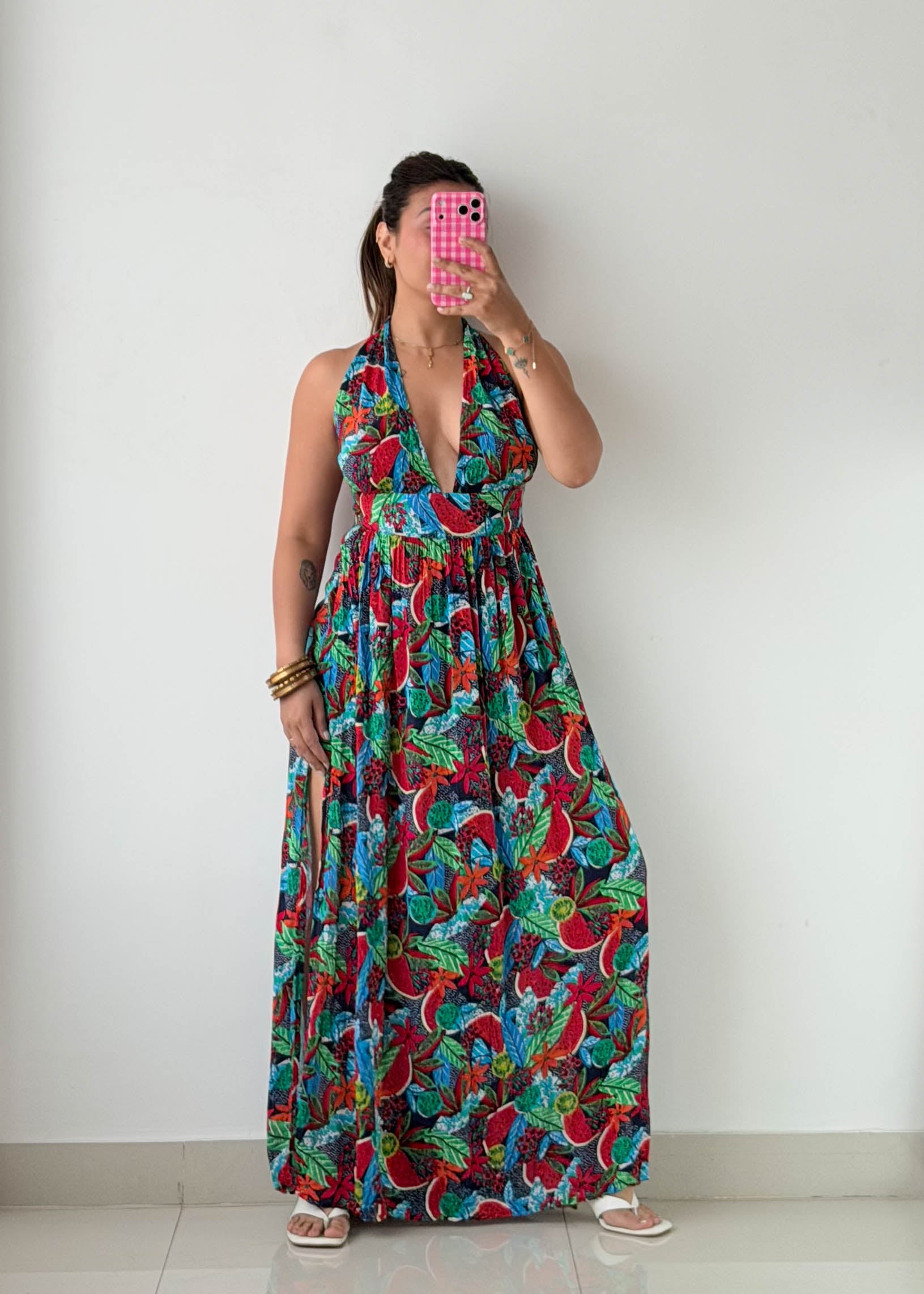 Size XS-M Multicolor Tropical Halter Maxi Dress