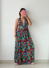 Size XS-M Multicolor Tropical Halter Maxi Dress