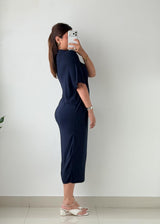 Size M-L Navy Blue Ribbed Polo Maxi Dress