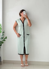 Size M-L Mint Green Contrast Trim Knit Midi Dress