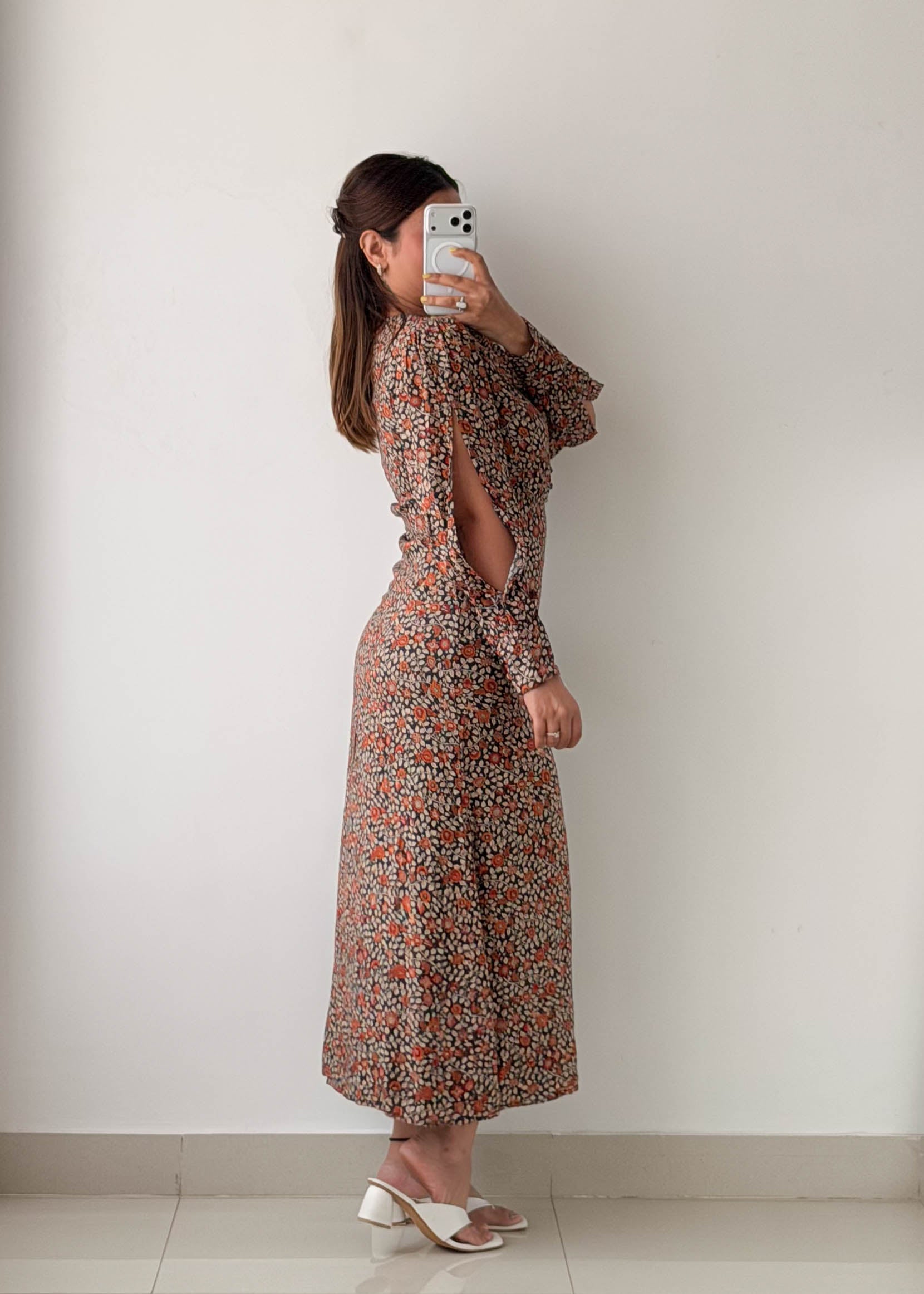 Size XS-S Brown Floral Long Sleeve Maxi Dress