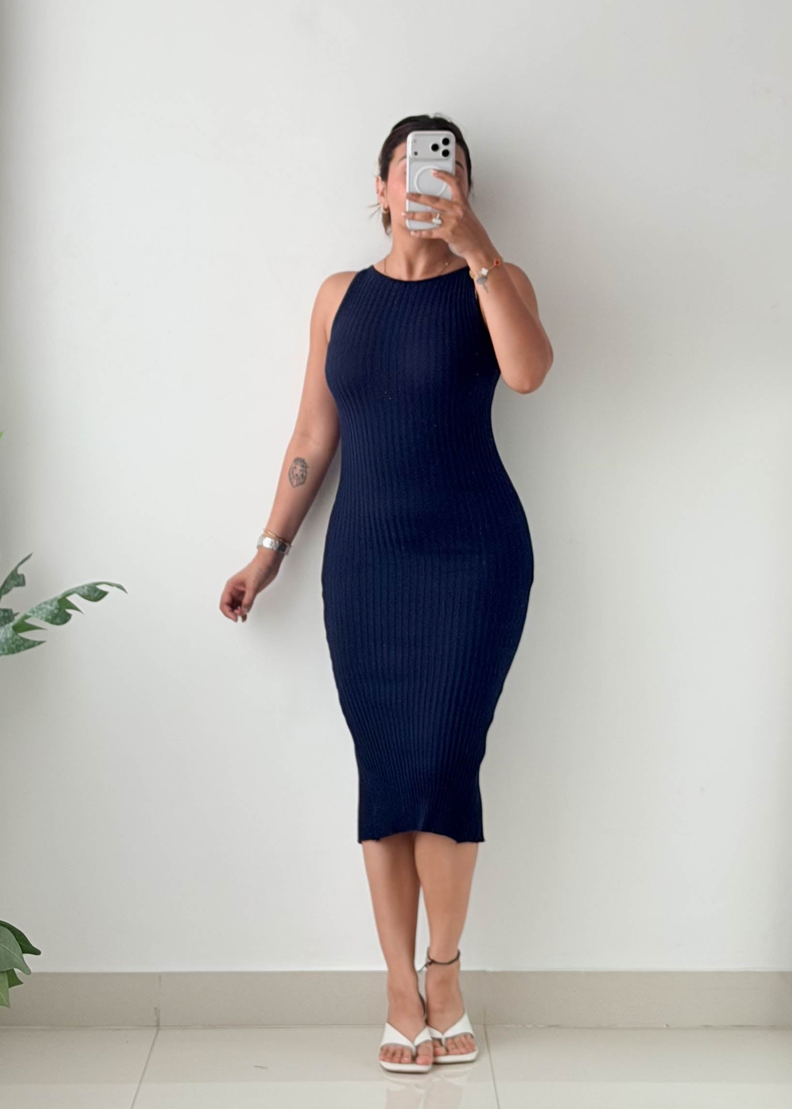 Size XS-S Navy Sleeveless Rib Knit Midi Dress