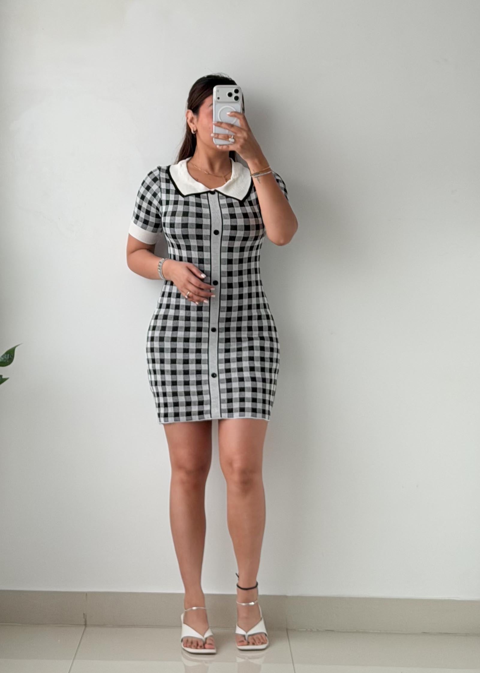 Size S-M Black & White Gingham Bodycon Mini Dress