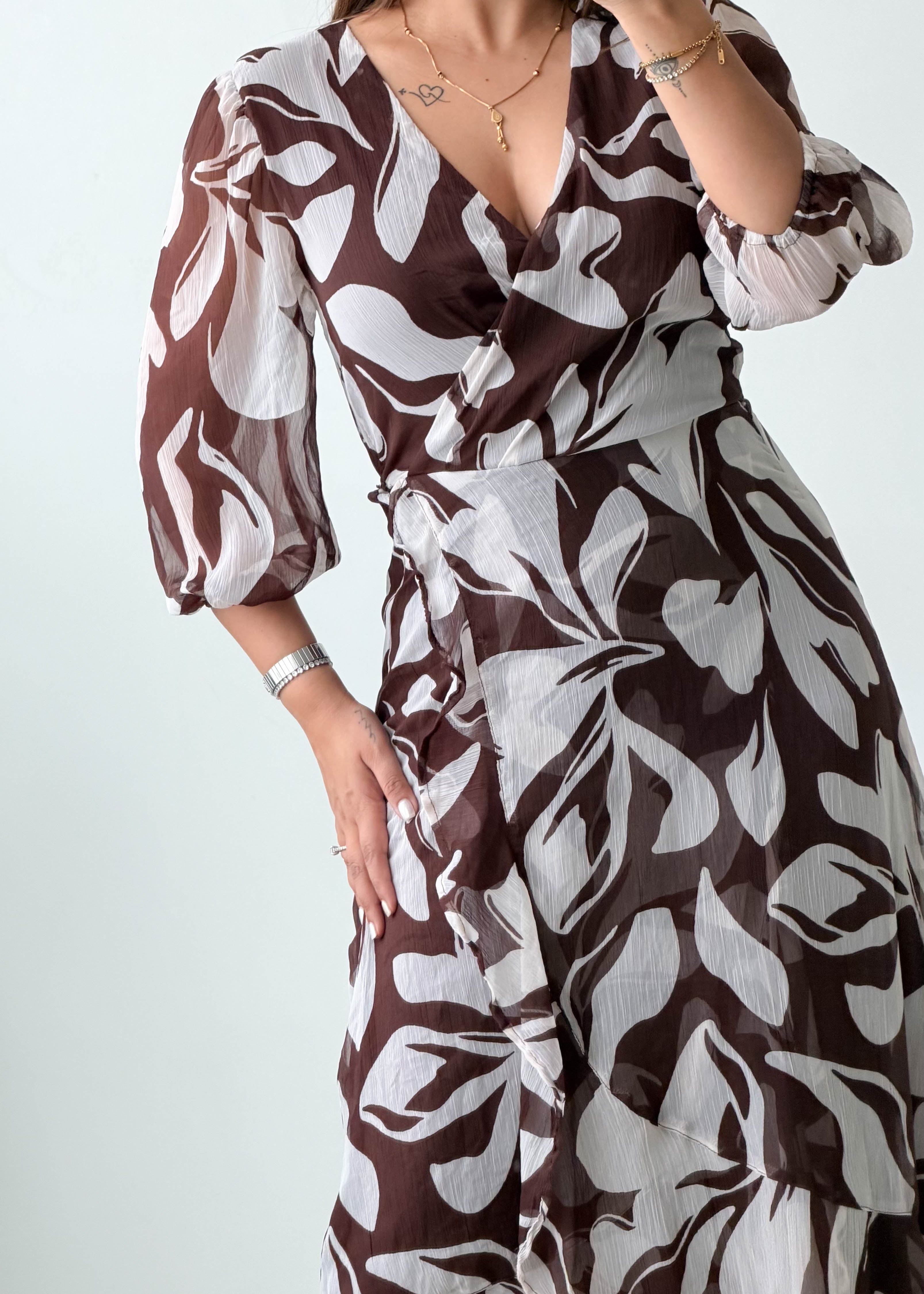 Size XS-S Brown Abstract Printed Wrap Dress