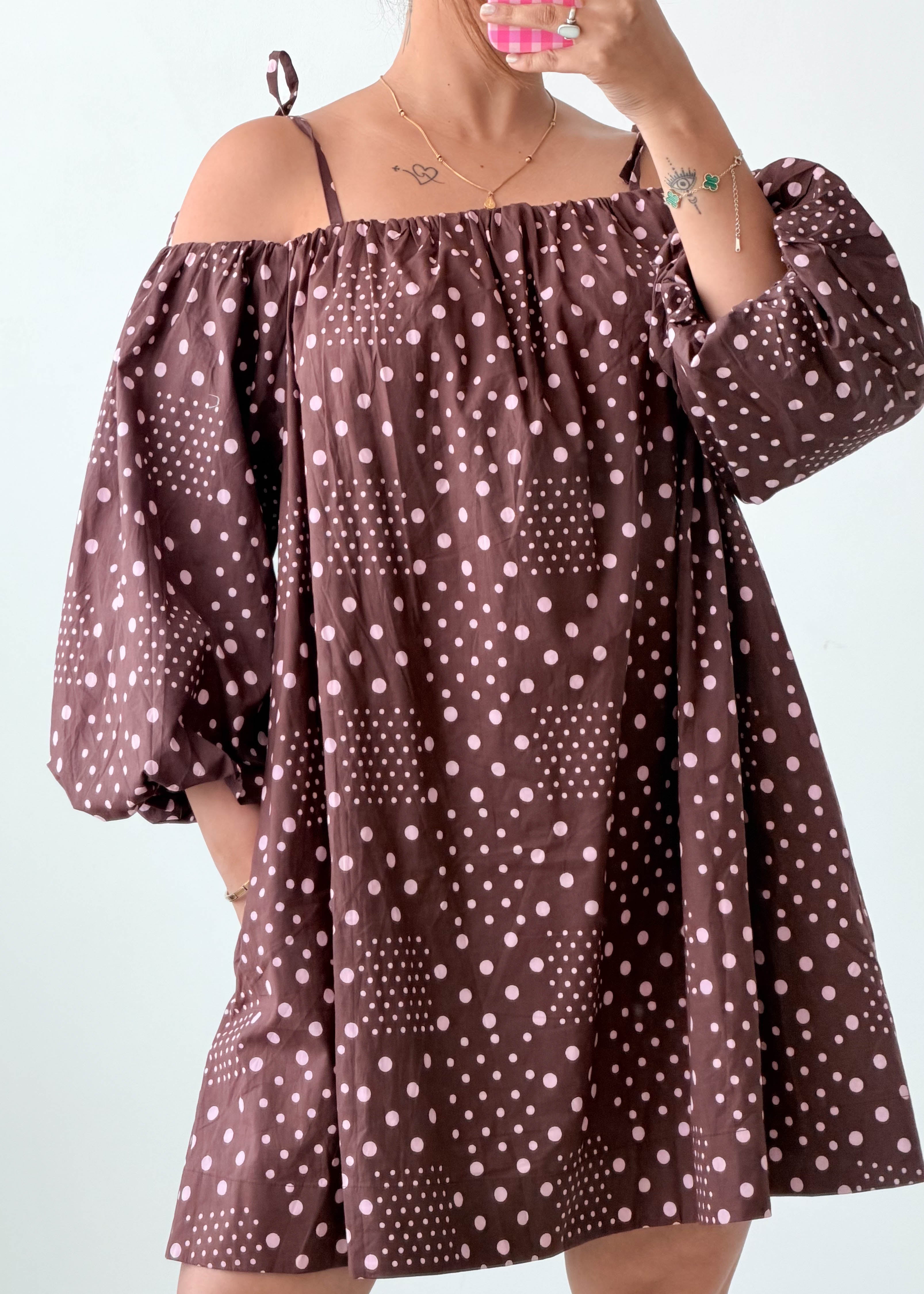 Size XS-S Brown Polka Dot Off-Shoulder Dress
