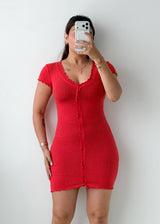 Size XS-M Red Ribbed Button-Front Bodycon Mini Dress