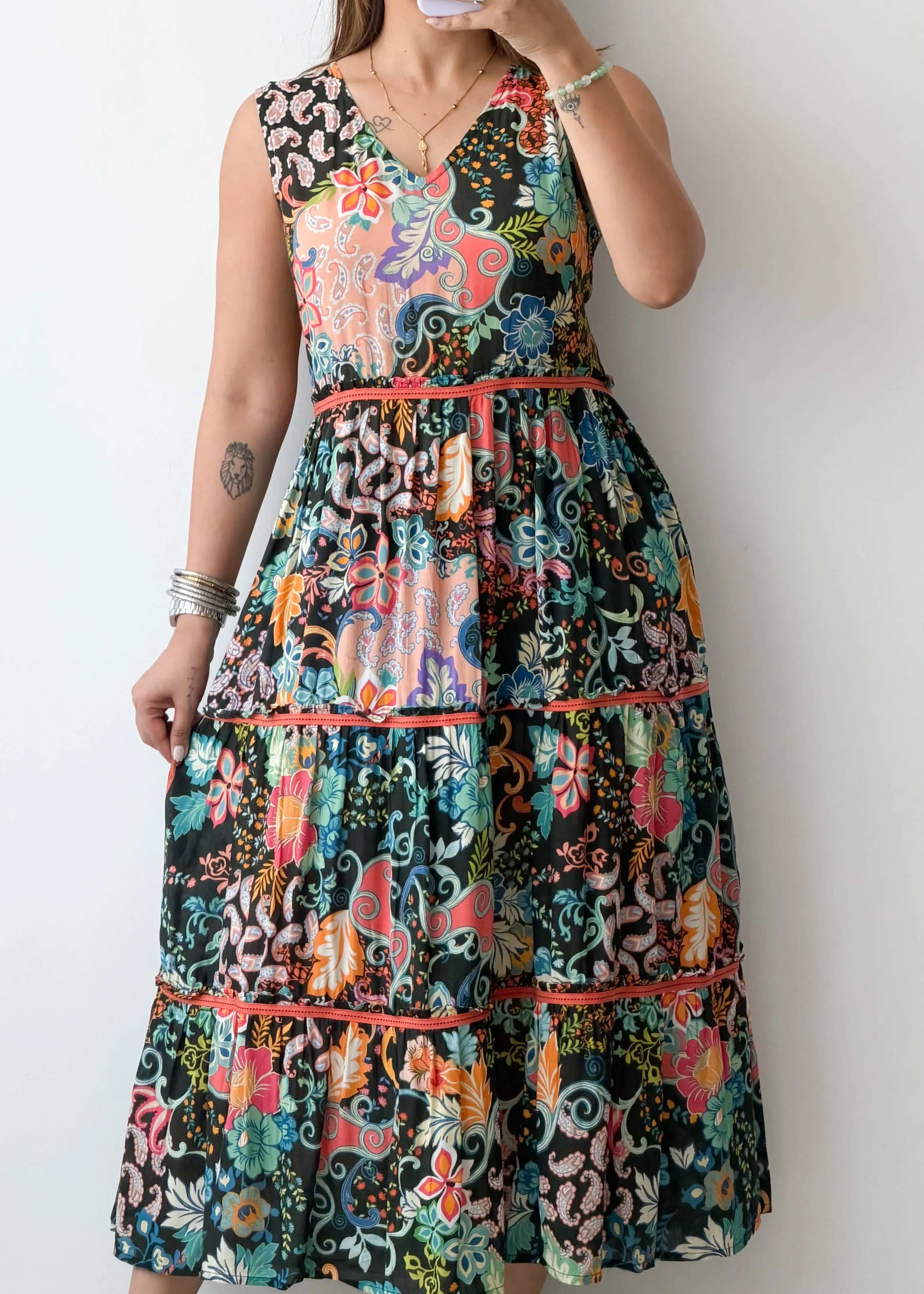 Size M, Multicolor Patch Print Tiered Maxi Dress