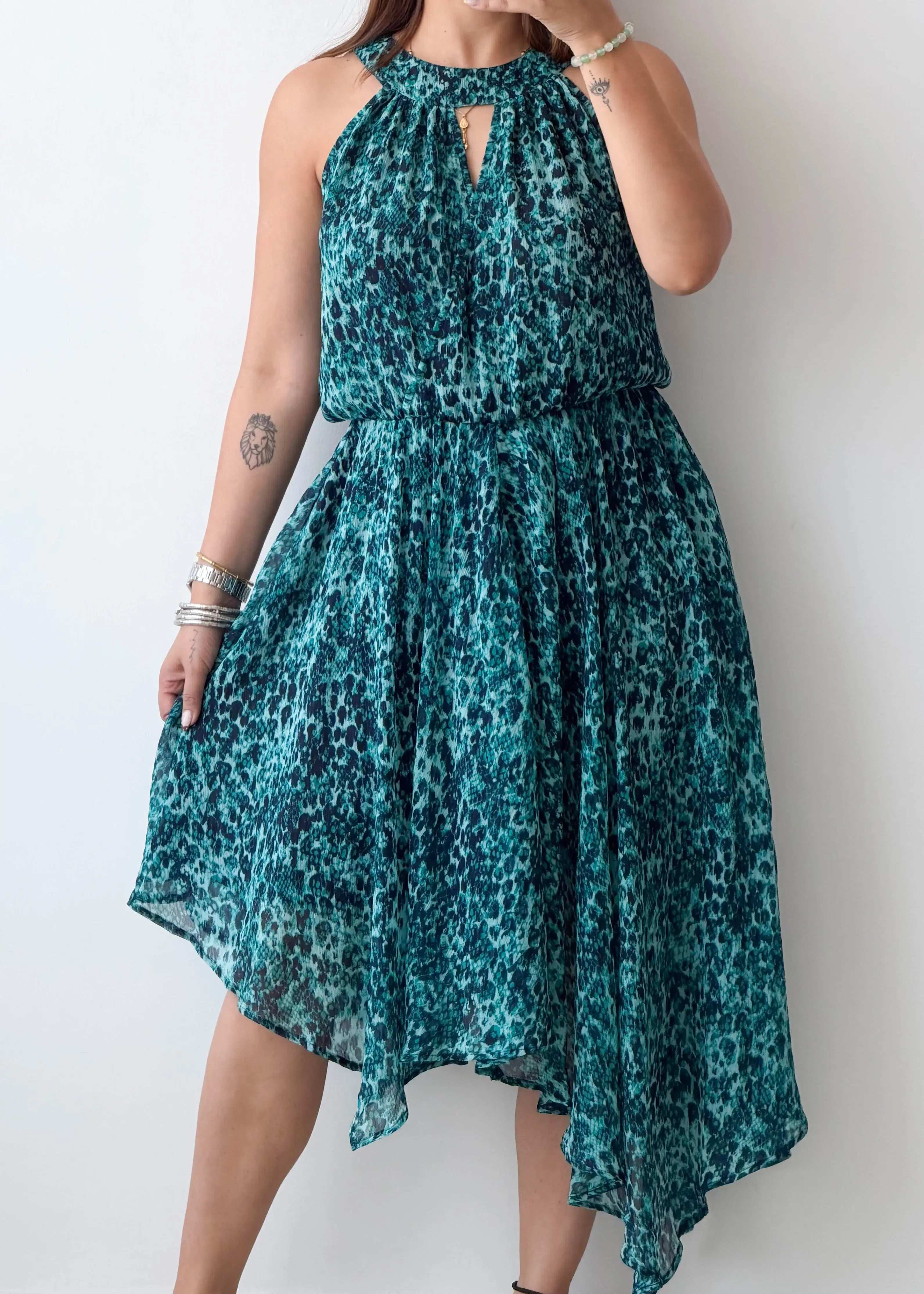 Size M-L, Teal Printed Asymmetric Dress