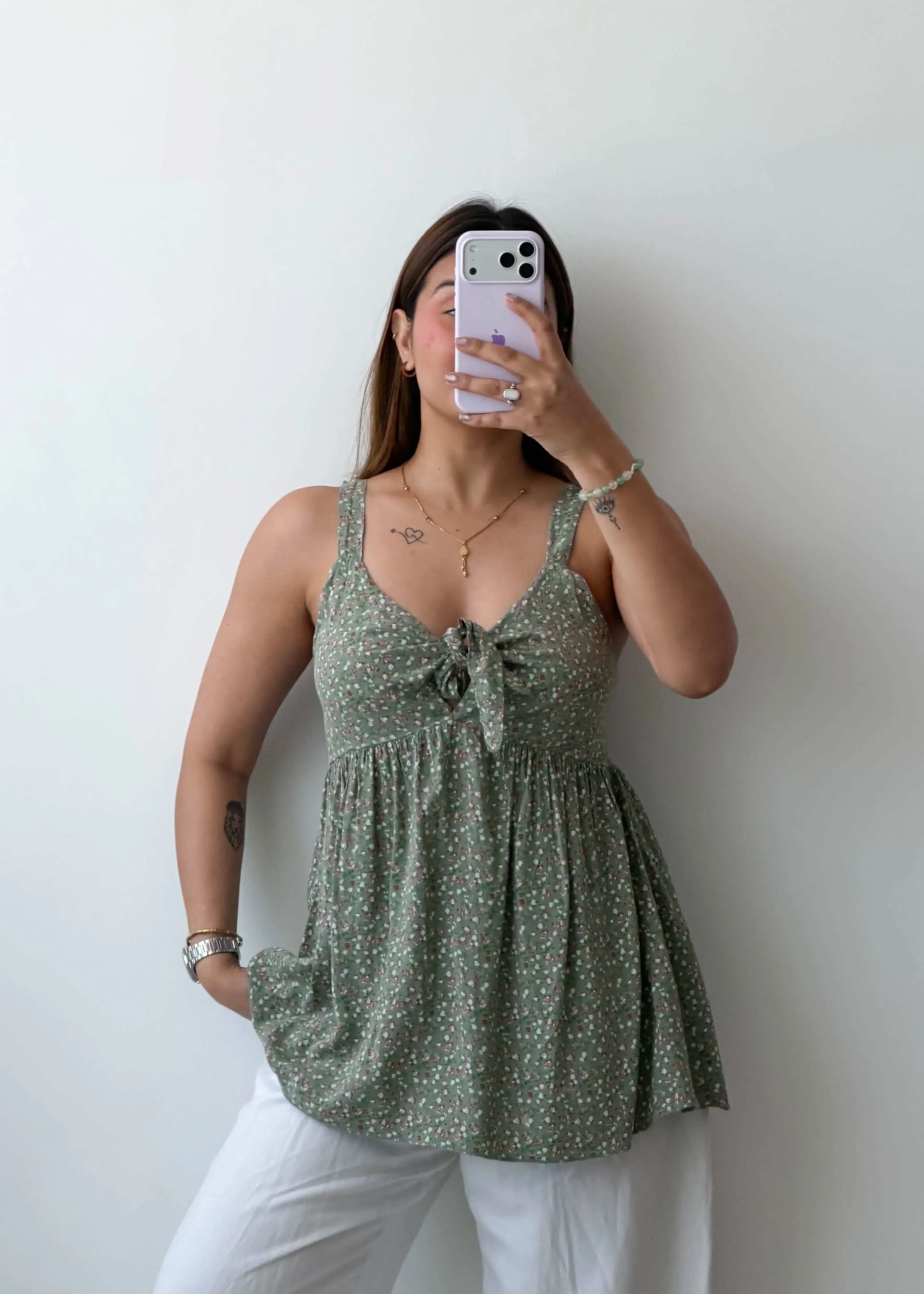 Size S-M Green Printed Peplum Cami Top