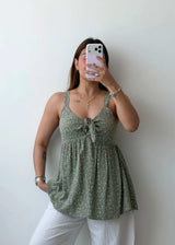 Size S-M Green Printed Peplum Cami Top