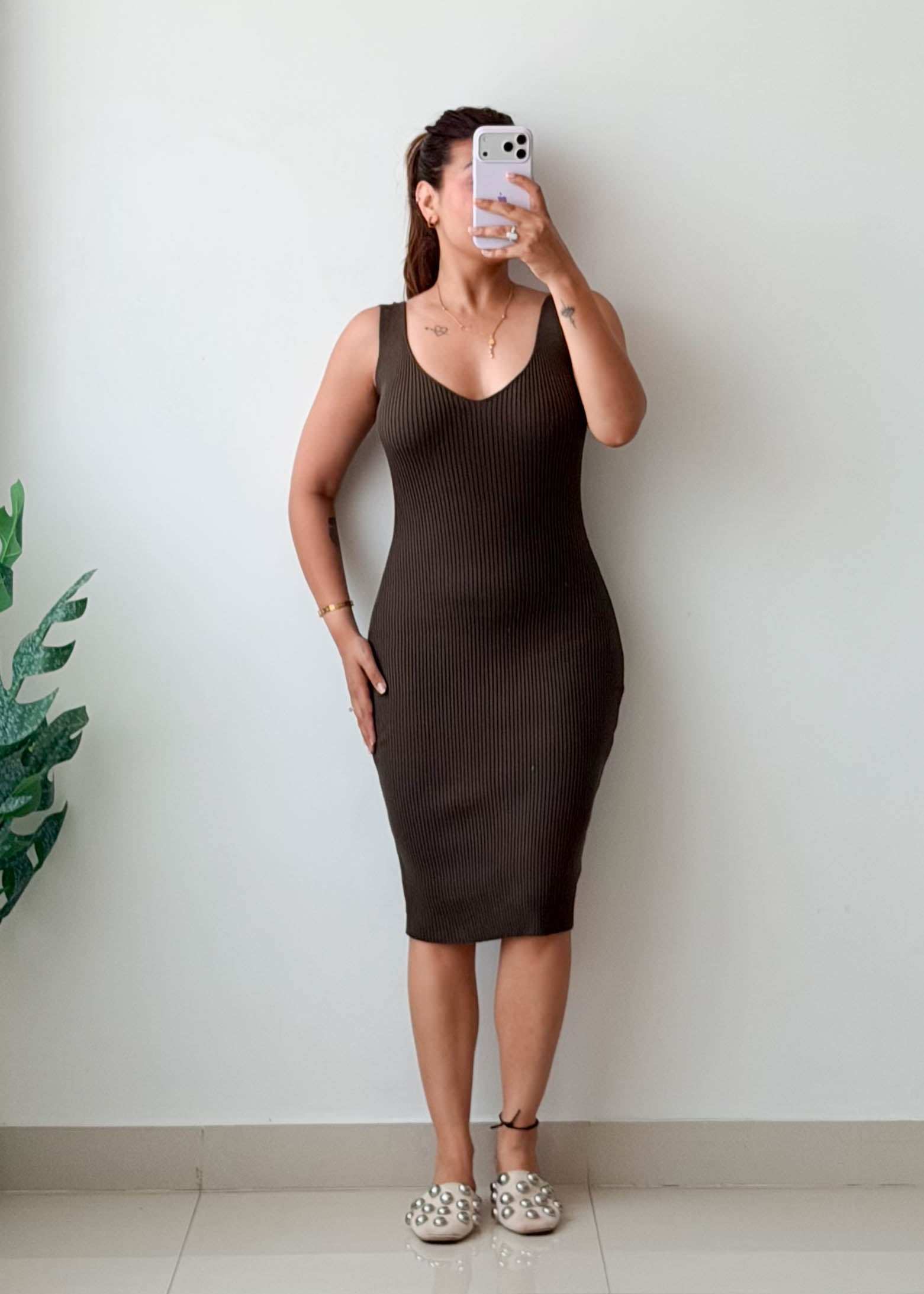 Size S-M Brown Ribbed Midi Dress