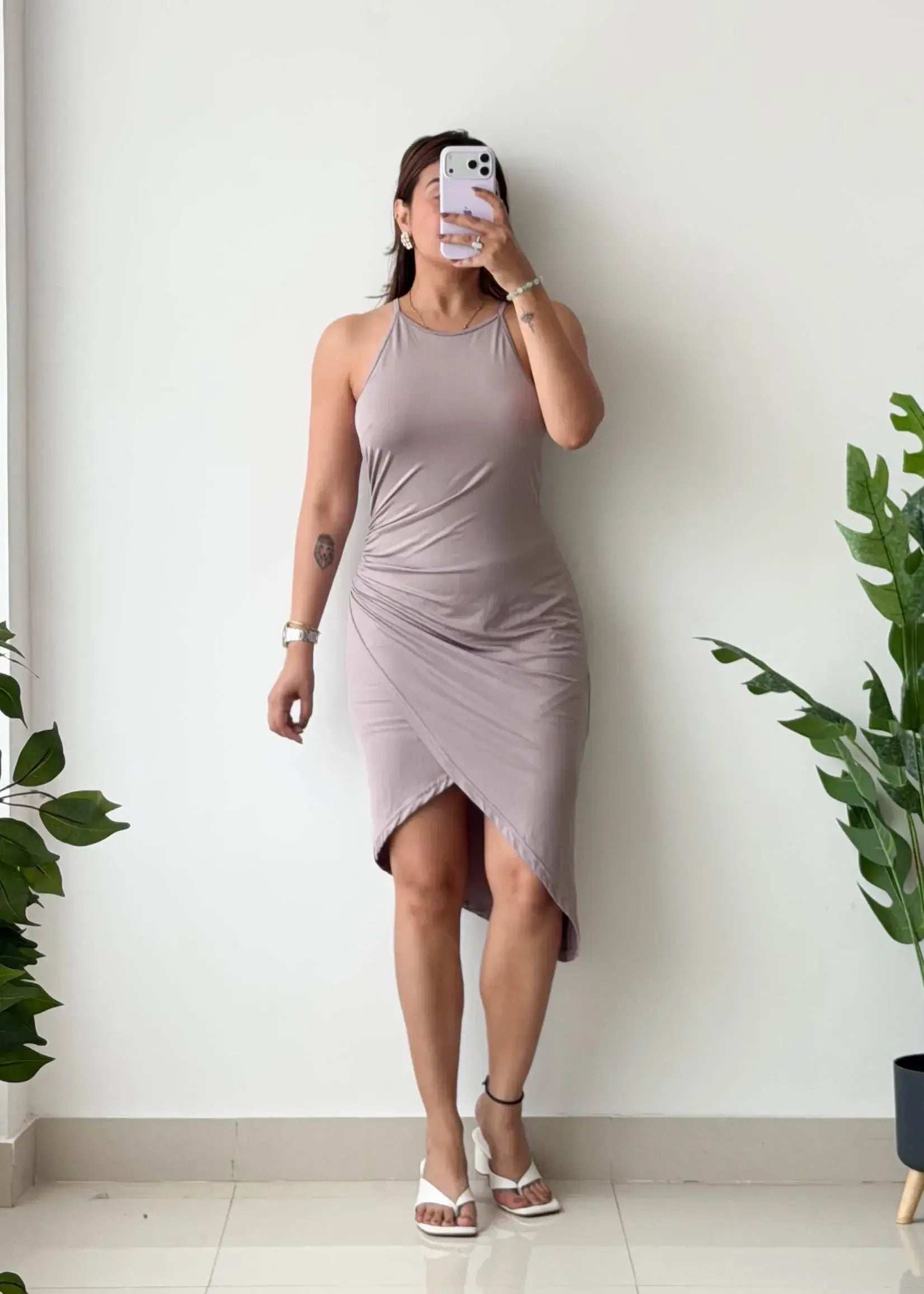 Size S-M, Taupe Asymmetrical Ruched Midi Dress - Closet by Payal