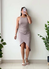 Size S-M, Taupe Asymmetrical Ruched Midi Dress - Closet by Payal