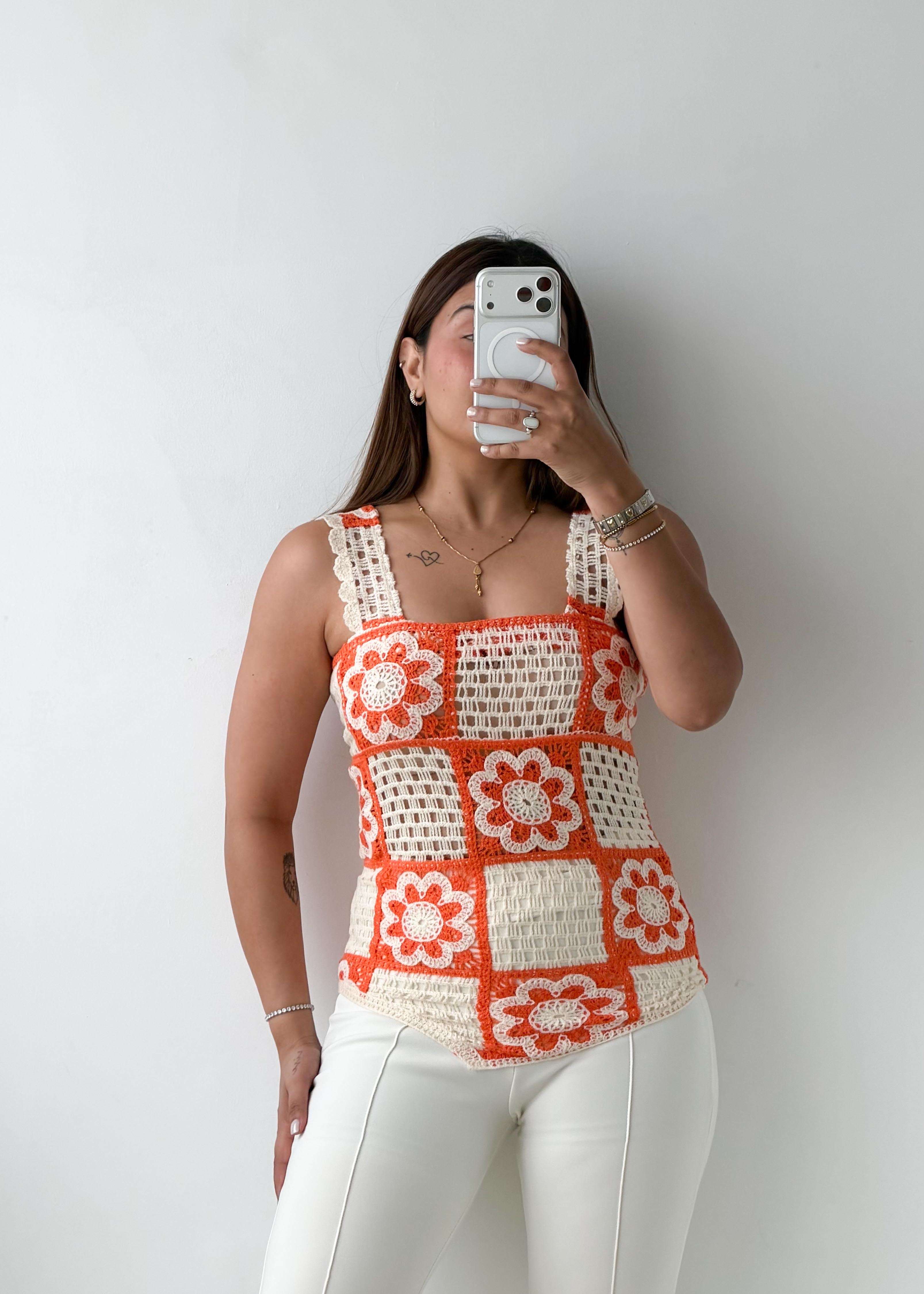 Size XS Orange & White Crochet Floral Tank Top
