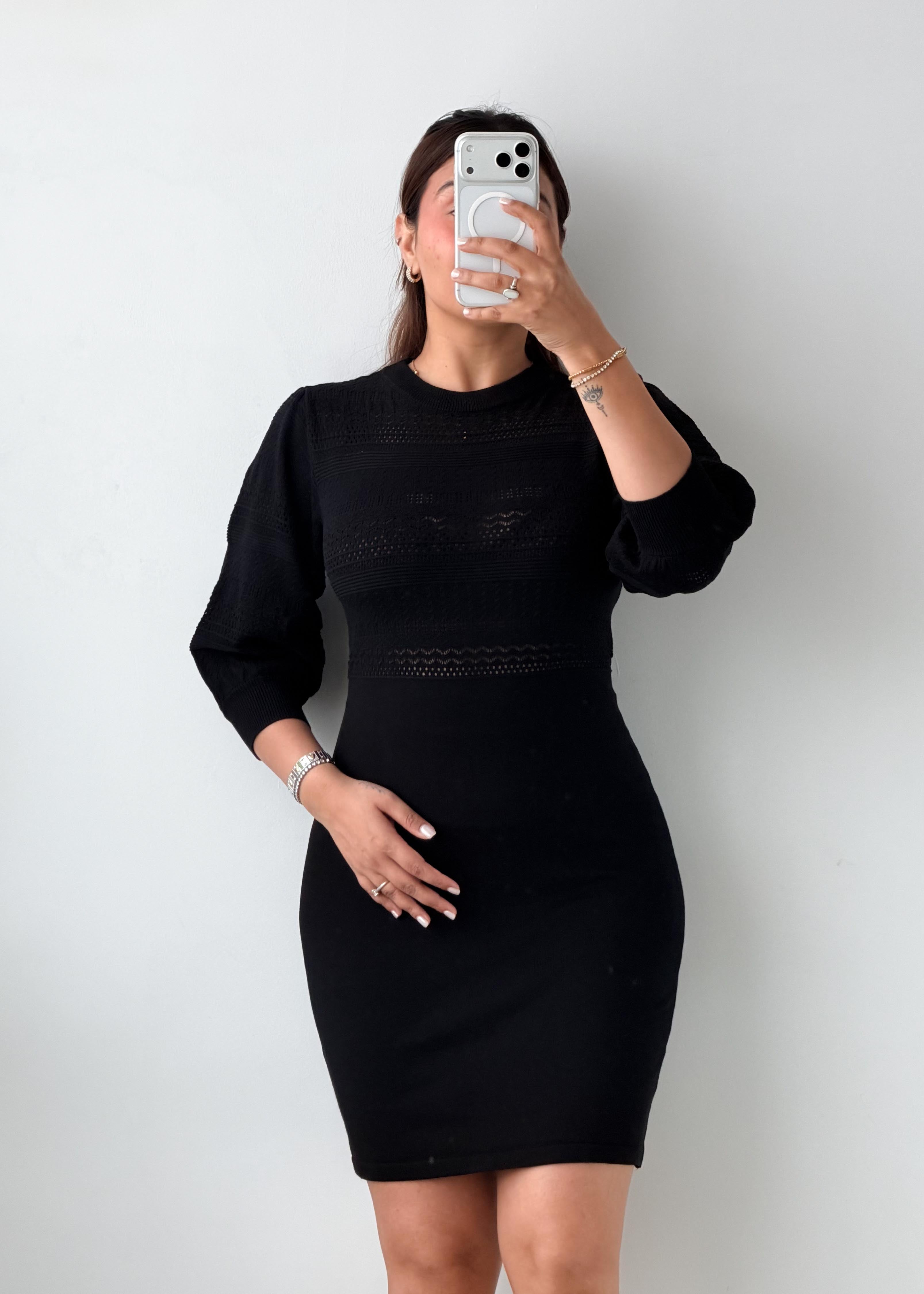 Size M-L Black Ribbed Bodycon Mini Dress