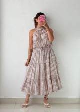 Size L-XL Beige Printed Halter Midi Dress