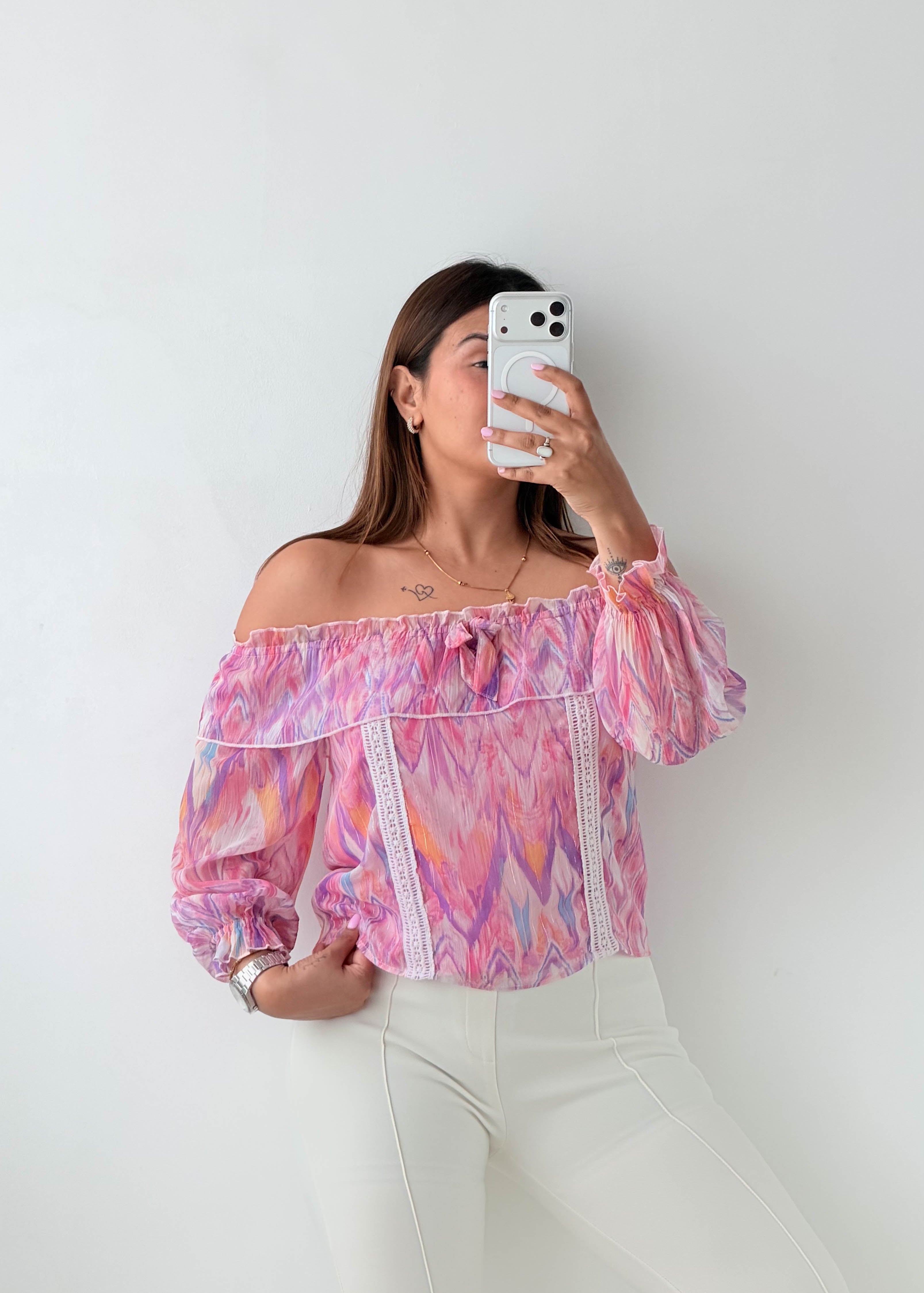 Size XS-S Pink Off-Shoulder Printed Top