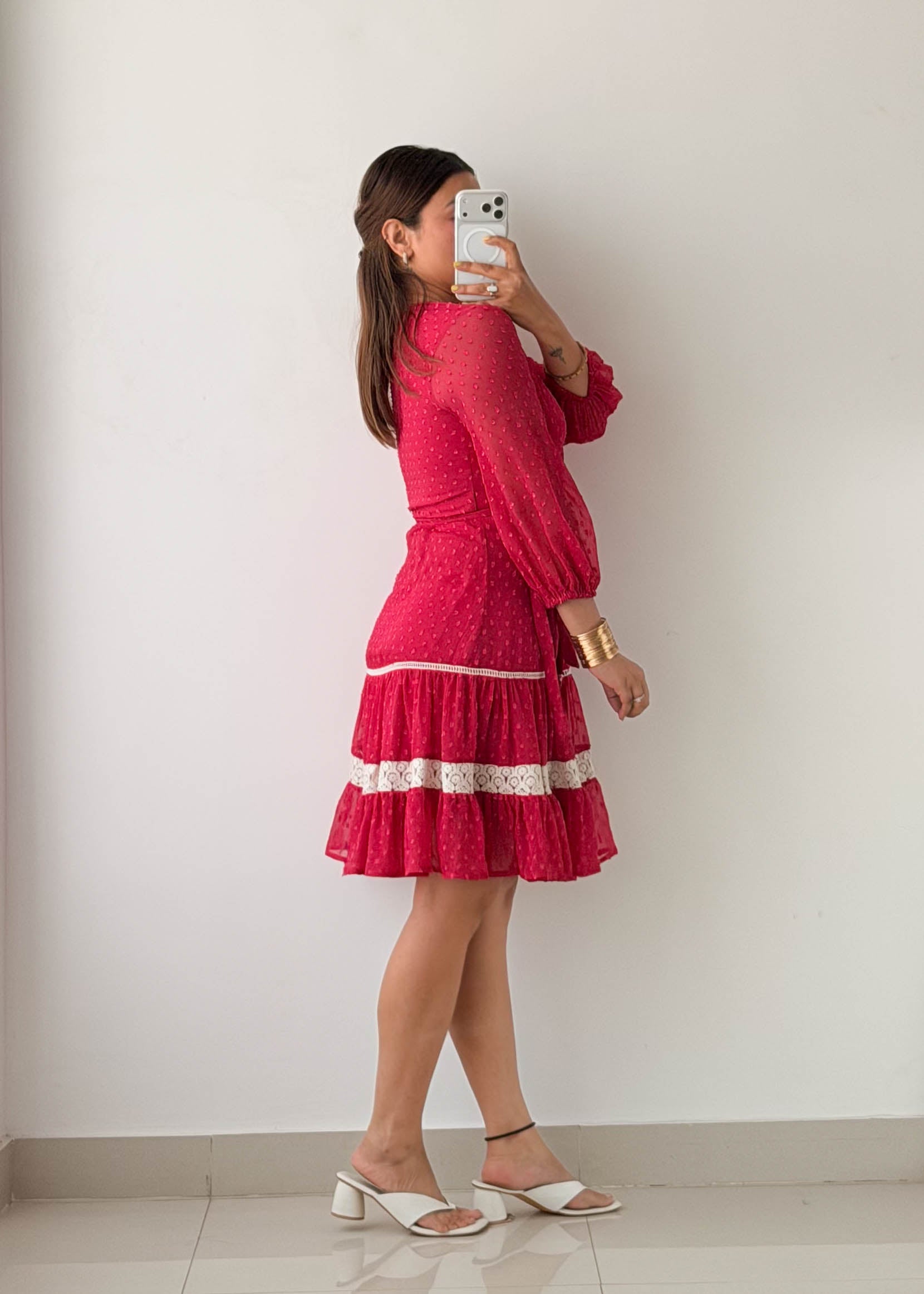 Size XS-S Fuchsia Polka Dot Wrap Mini Dress
