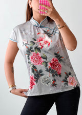 Size M Grey Floral Mandarin Collar Top