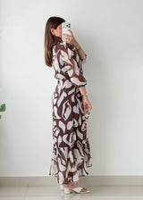 Size XS-S Brown Abstract Printed Wrap Dress