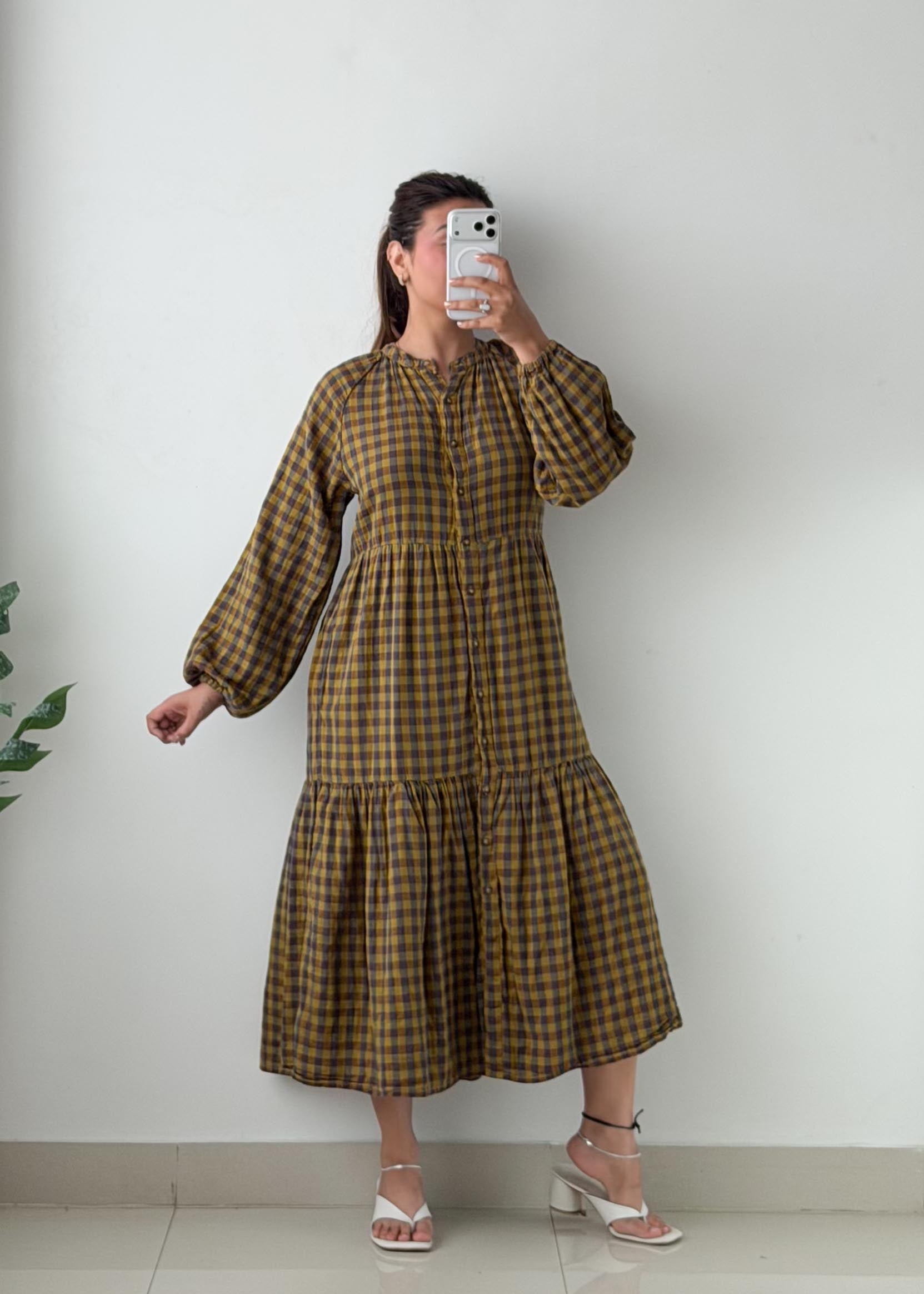 Size S-M Brown Check Tiered Midi Dress